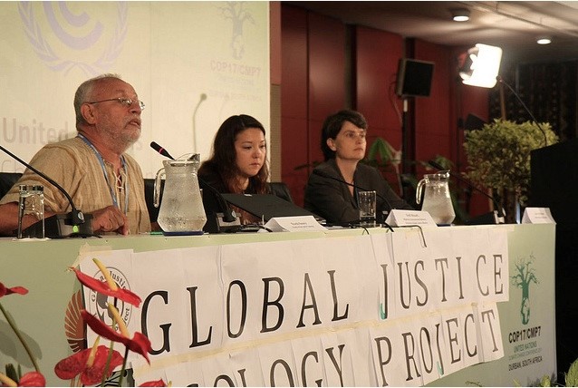 Ricardo Navarro, of Friends of the Earth El Salvador Addresses GJEP Press Conference. Photo: Ben Powless